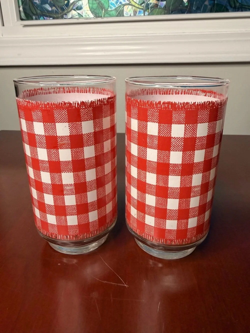 Libbey Strawberry Gingham Pattern Glass Tumbler Set of 2 Red Fruit Design RARE - Picture 2 of 5
